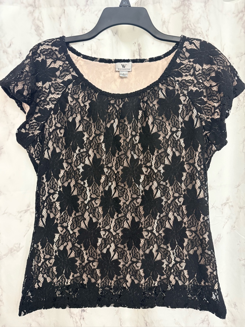 Worthington Black Floral Lace Overlay Top with Nude Lining
